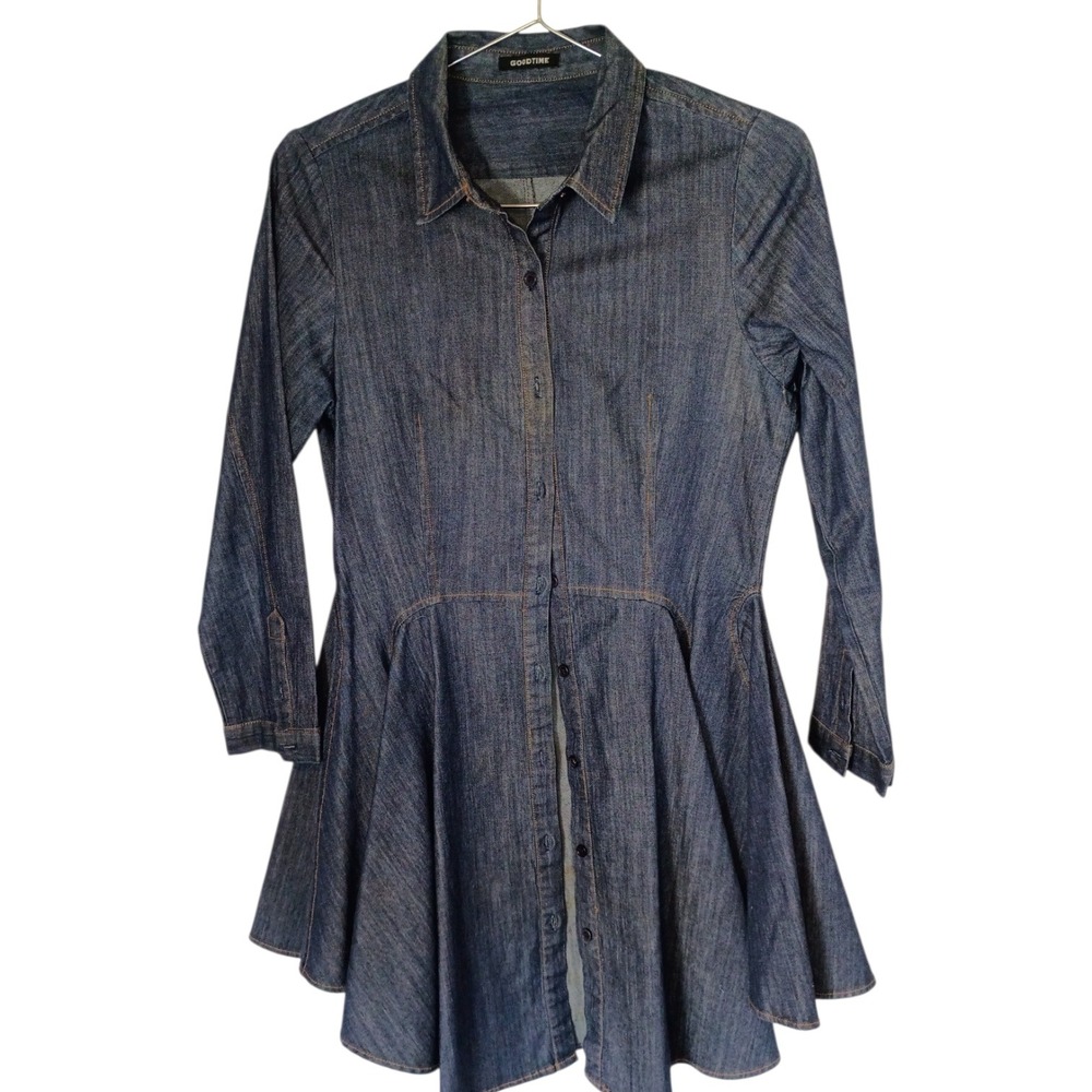 Vintage GOODTIME Womens Dark Wash Denim Fit Flare Peplum Button Up Shirt Dress